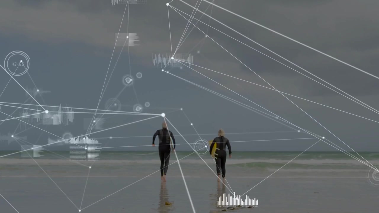 Seeing surf, two seniors walking jogging toward sea with yellow board to surf, overlay animating