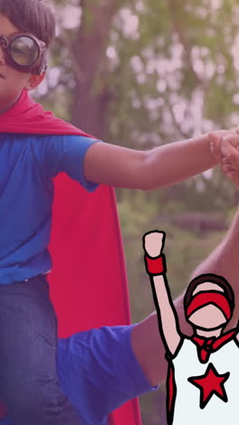 animation of superheroes over happy caucasian father and son dressed like superheroes in park