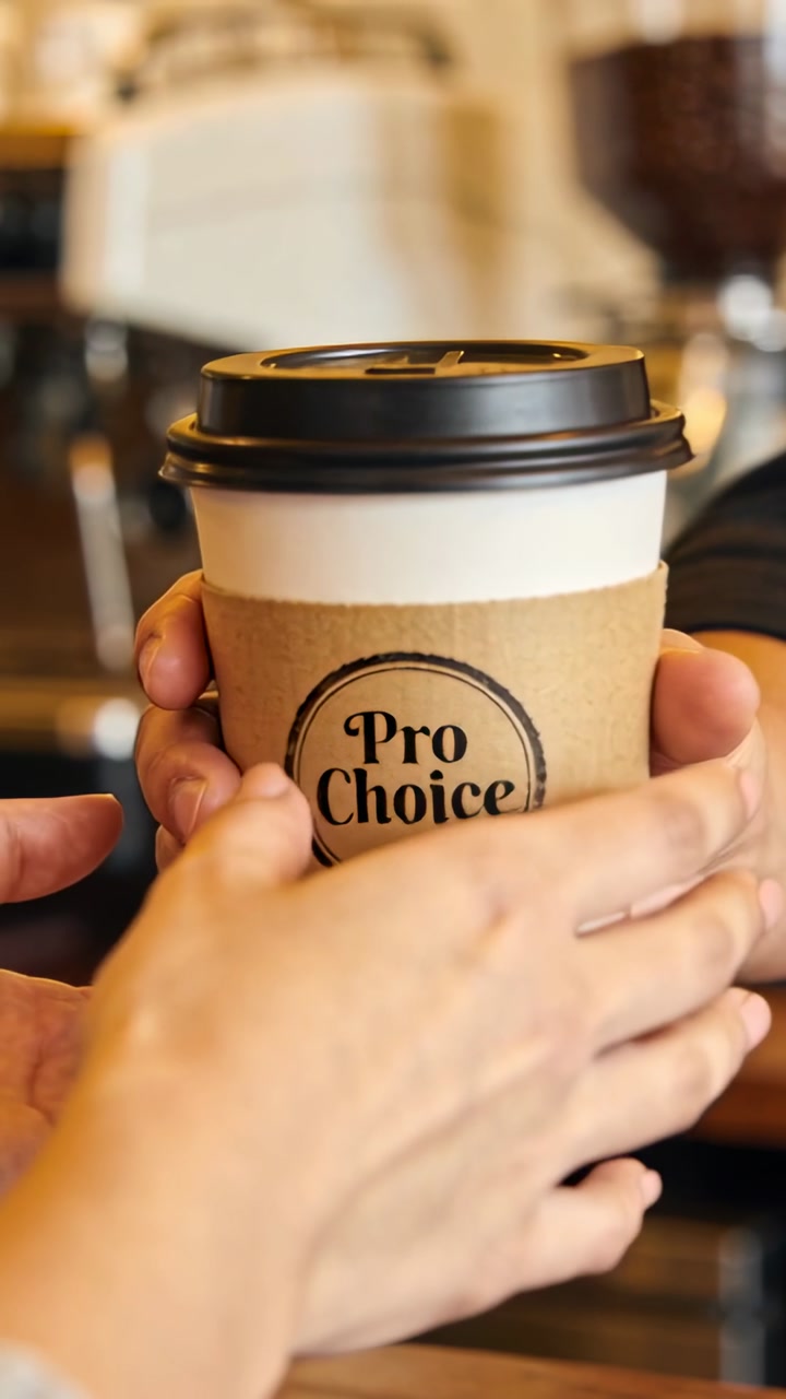 Vertical video: Handing barista passing Pro Choice cup at counter, customer taking cup to go