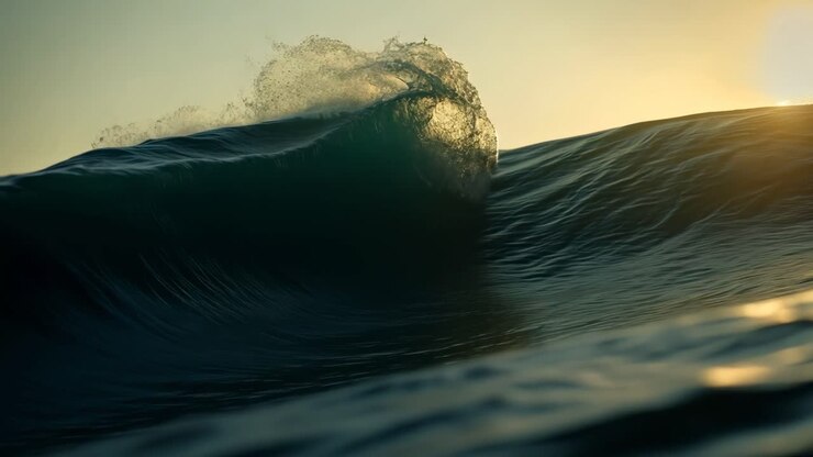 A mesmerizing video of ocean waves at sunset, captured from a low-angle perspective