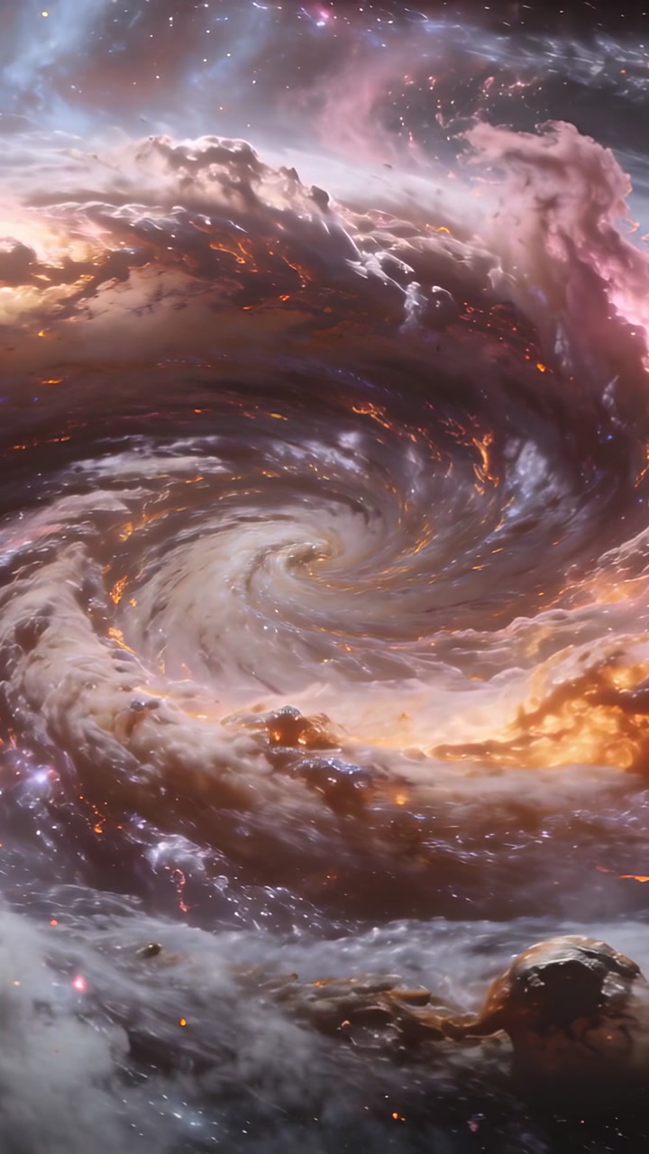 Spiral nebula rotating as camera shifting down, revealing glowing pockets and rocks for astronomy