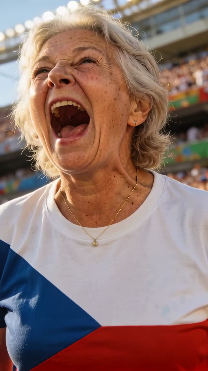 Video verticale: Donna anziana che urla reagendo a un'azione di gioco sugli spalti dello stadio, indossando una maglietta tricolore