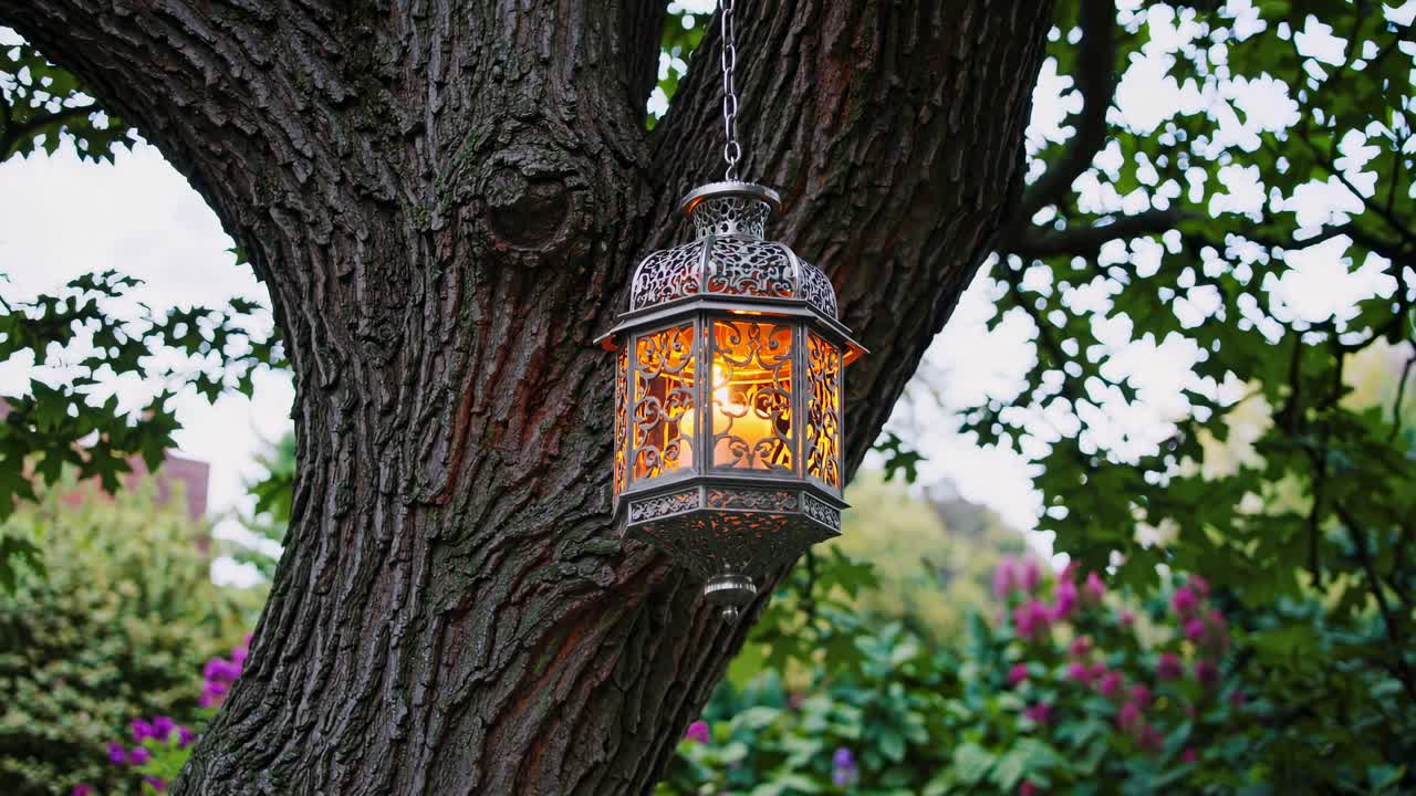 A close-up, eye-level shot of an ornate lantern hanging from a tree, casting a warm glow