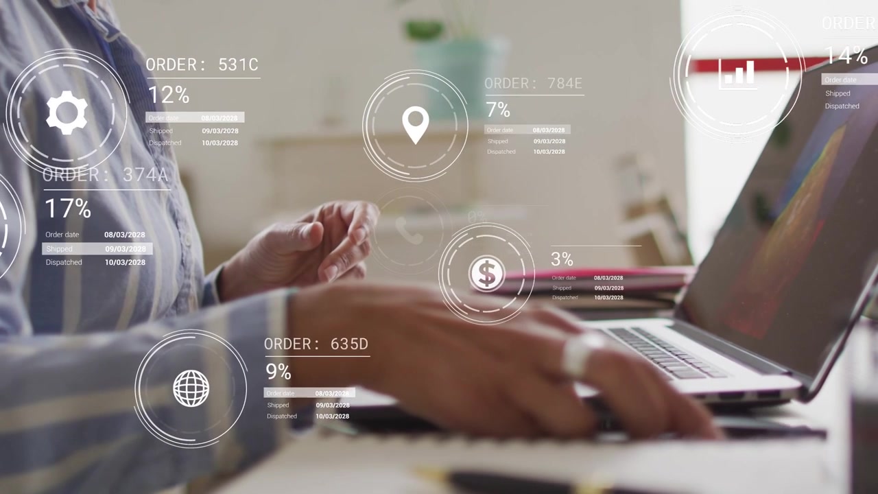 Woman tapping smartphone and typing on laptop, HUD expanding with business charts checking orders