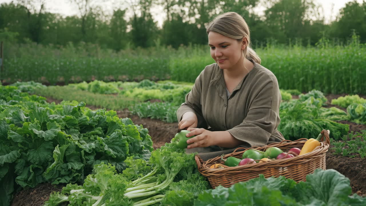 Woman Harvesting Fresh Produce in a Garden