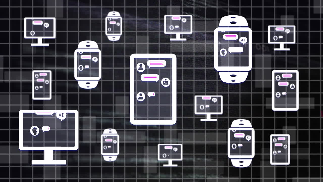 animación de todo el texto, los iconos y el procesamiento de datos sobre la cuadrícula