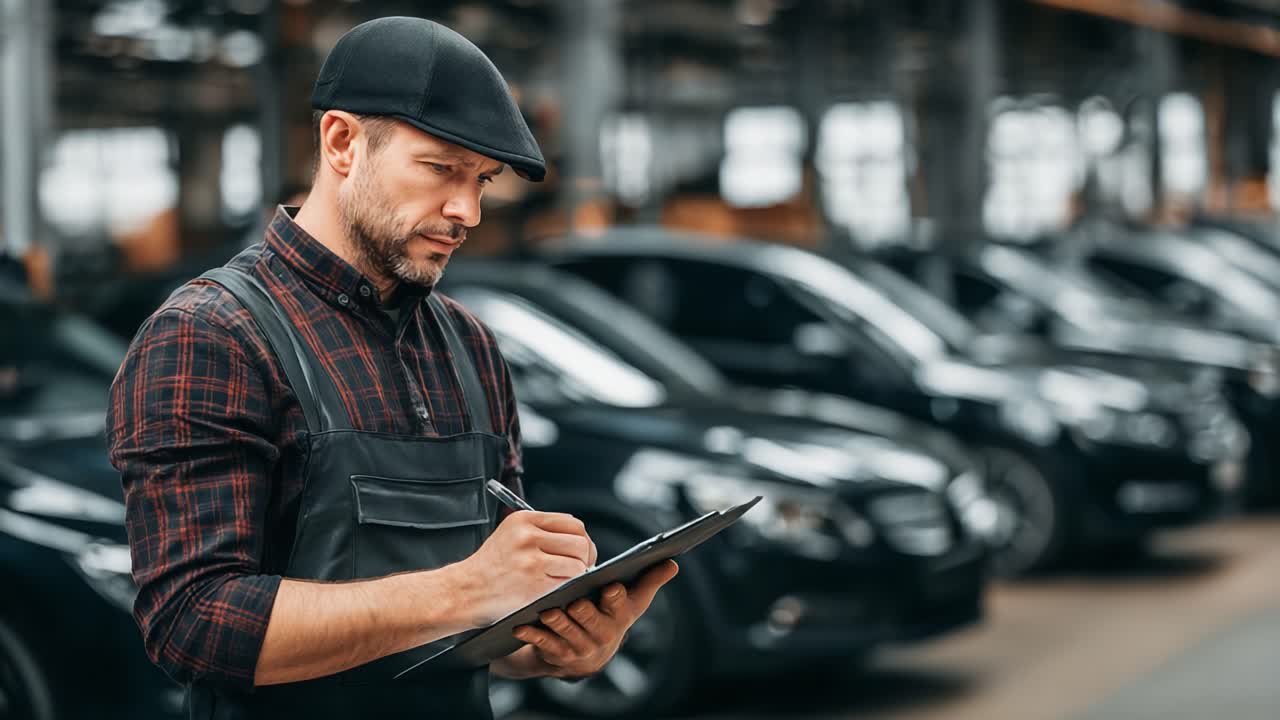 A quality inspector diligently inspecting vehicles in a bustling automotive workshop, showcasing attention to detail and commitment to ensuring top-notch standards