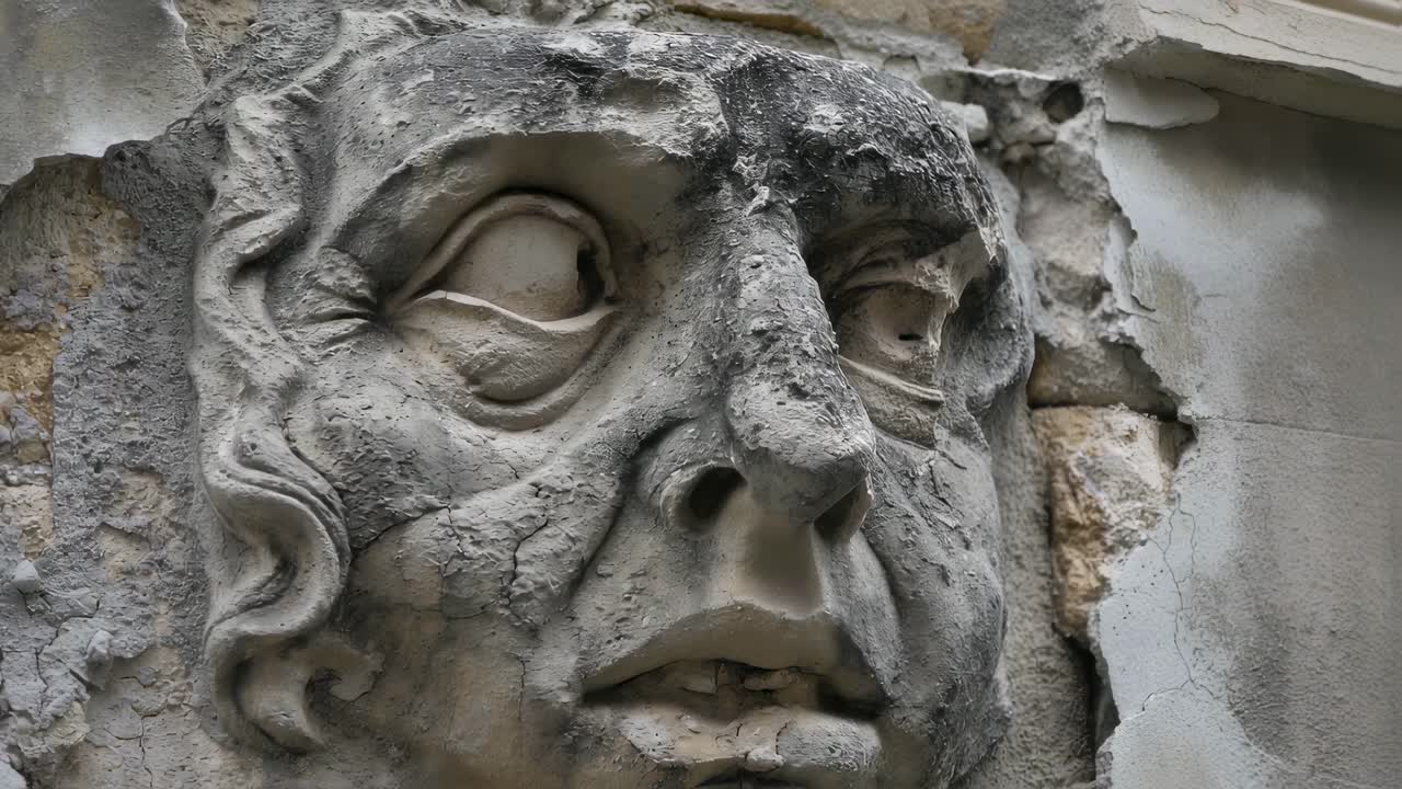 Weathered stone sculpture emerging from crumbling wall, expressing deep emotional distress and symbolizing human vulnerability through intricate architectural decay