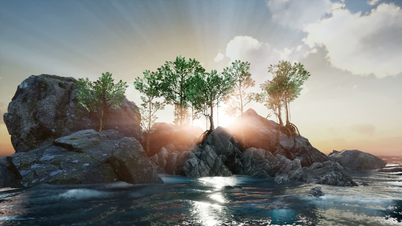 isla rocosa con árboles como el océano