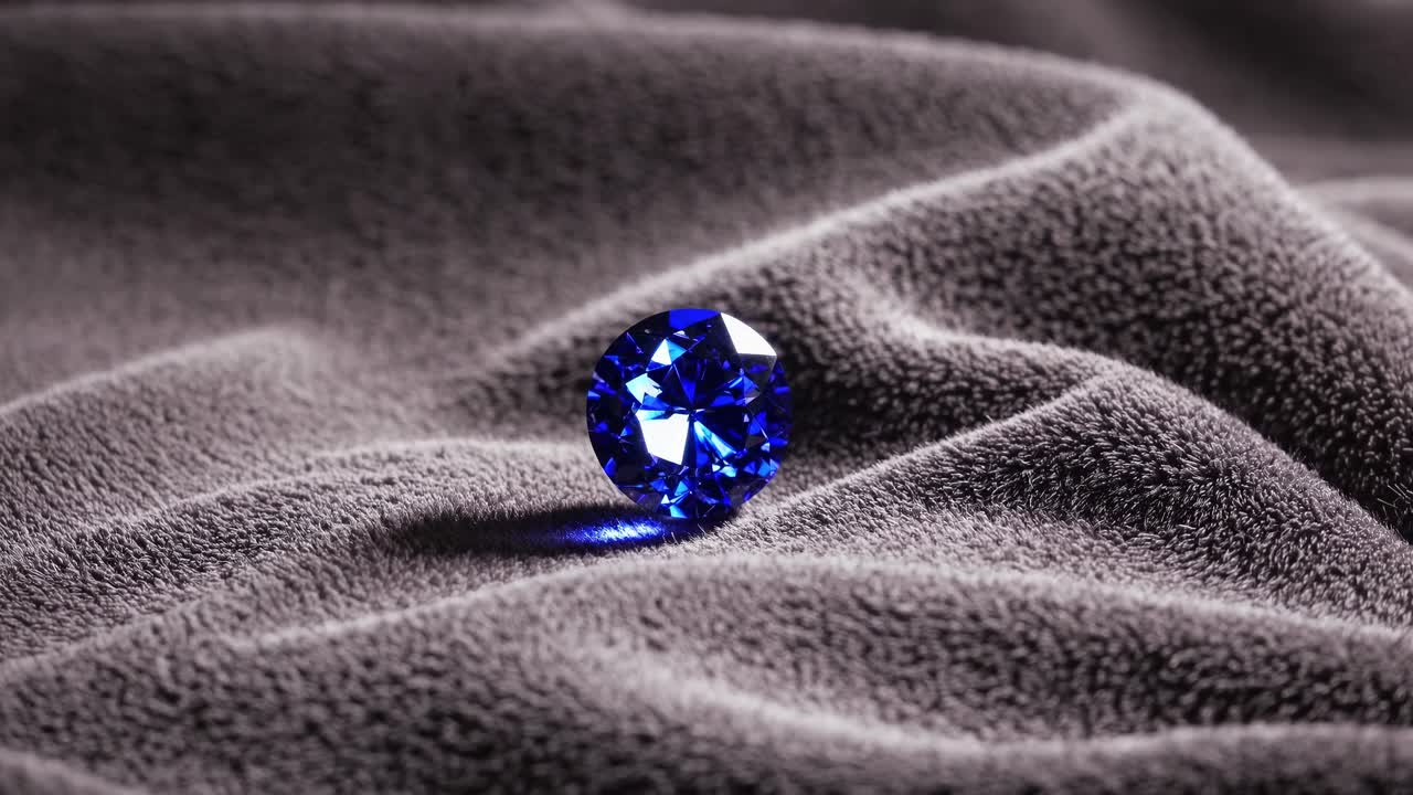 Close-up, angled shot of a blue gemstone on textured fabric, highlighting its facets