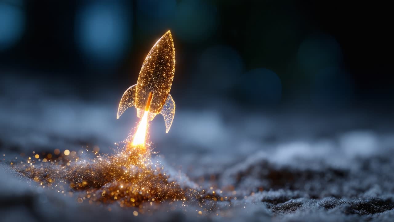 Illuminated Rocket Launching Sparkles on Ground, Showcasing Stunning Effects of Glittering Lights in Dark Background, Embodying Space Exploration and Adventure