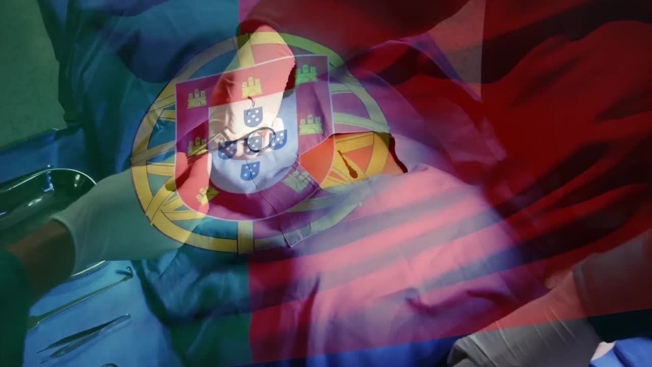 animación de la bandera de portugal ondeando sobre los cirujanos en el quirófano