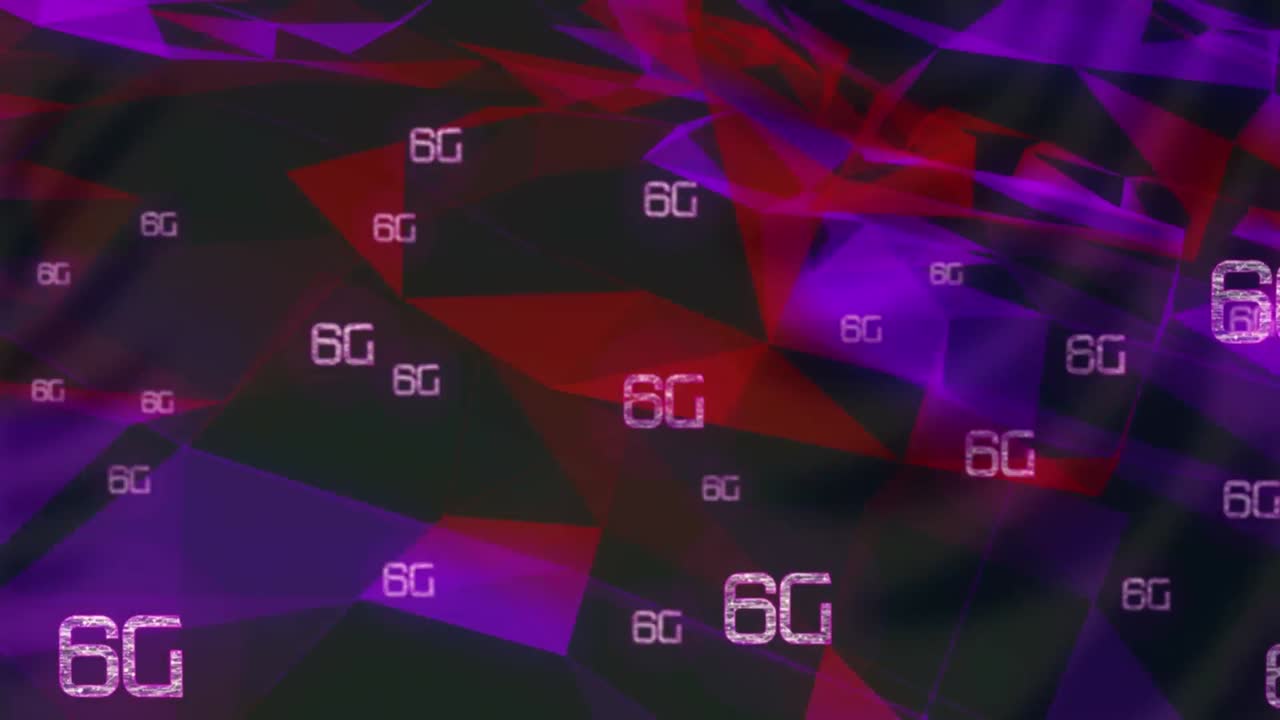 Animation af flere 6g tekster over farverige geometriske bevægelige former