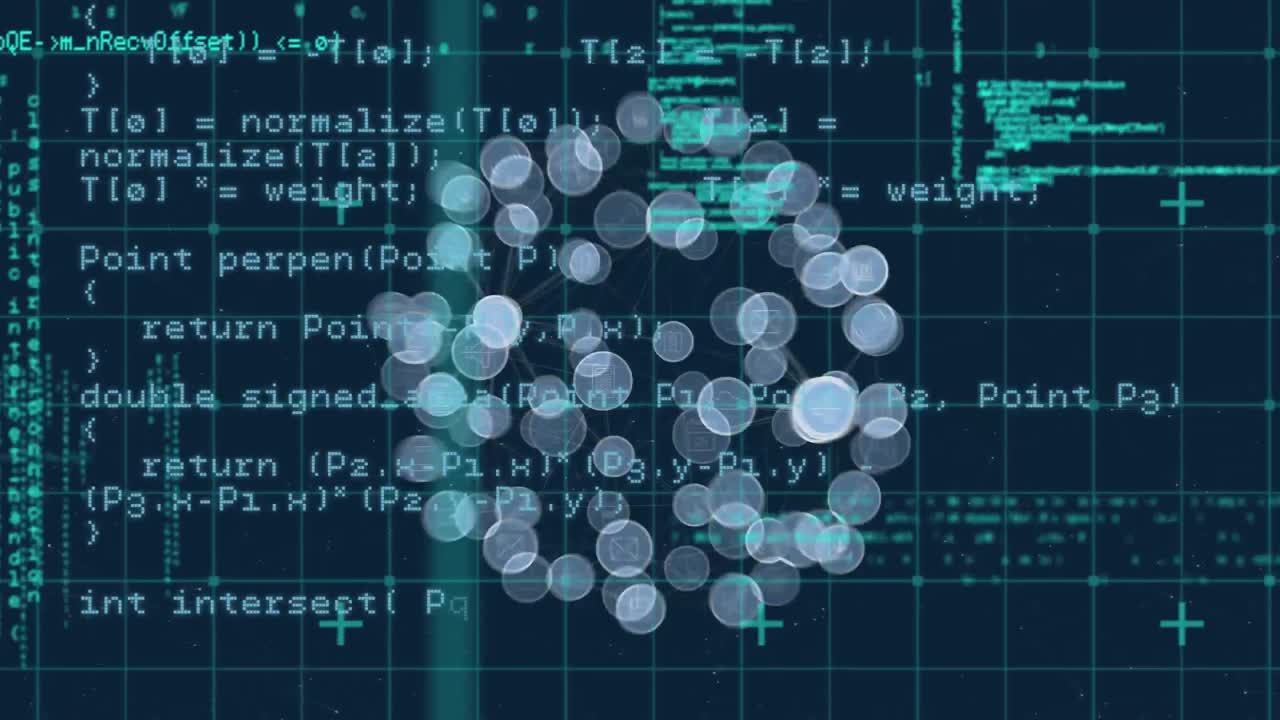 Digital animation of globe of digital icons and data processing against blue background