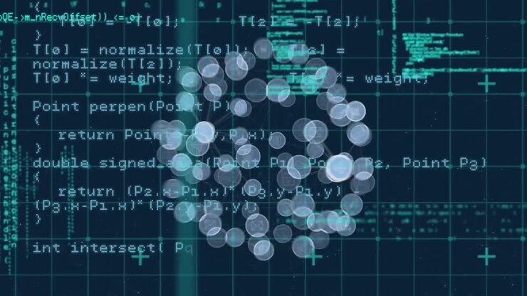 Digital animation of globe of digital icons and data processing against blue background