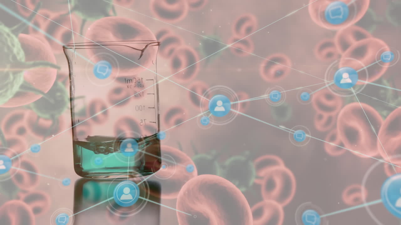 프로파일 아이콘과 코로나19 세포와 혈관의 네트워크가 병 안에 있는 화학물질 위에 떠다니고 있습니다.