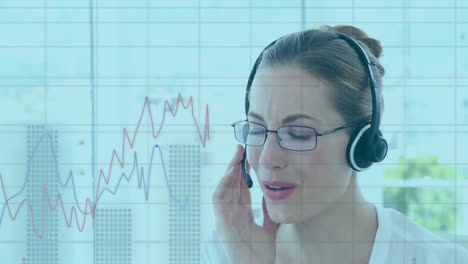 animación de datos sobre el procesamiento de gráficos sobre feliz mujer de negocios caucásica con auriculares