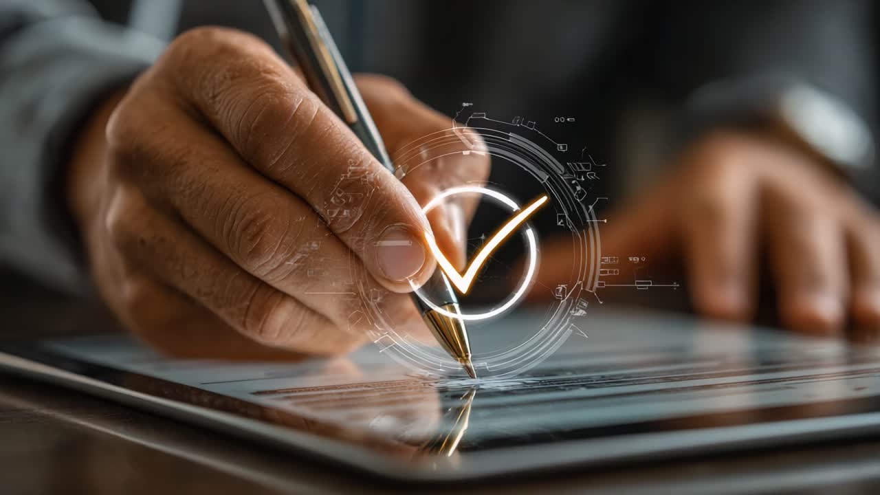 Et nærbillede af digital produktivitet: En hånd, der holder en pen over en tabletskærm med et flueben, der symboliserer fuldførelse og succes inden for opgavestyring