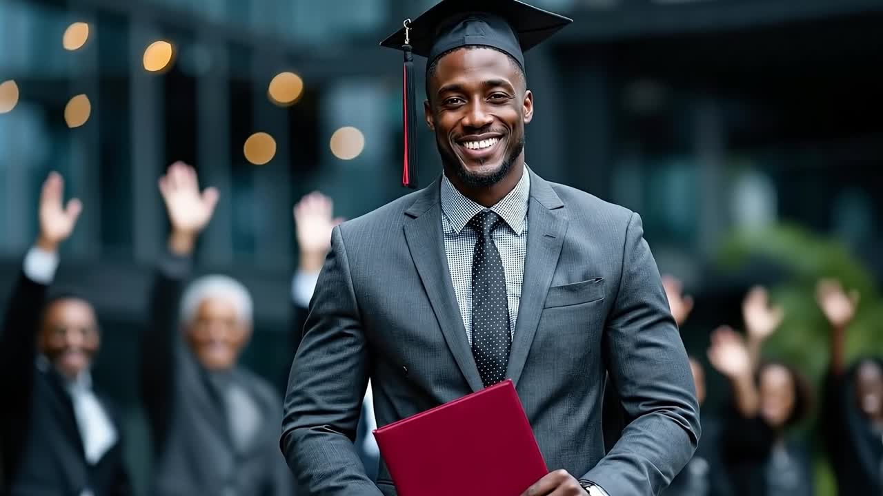 A man in a graduation cap and gown holding a red folder