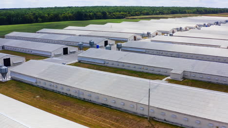white buildings for agribusiness on green forest background. modern farmhouses for livestock. large territory of a new farm among nature.