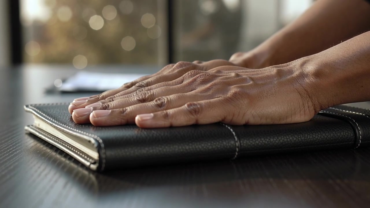 Mãos adultas com mangas escuras se aproximando, colocando e alinhando um caderno de couro em uma mesa de madeira escura.