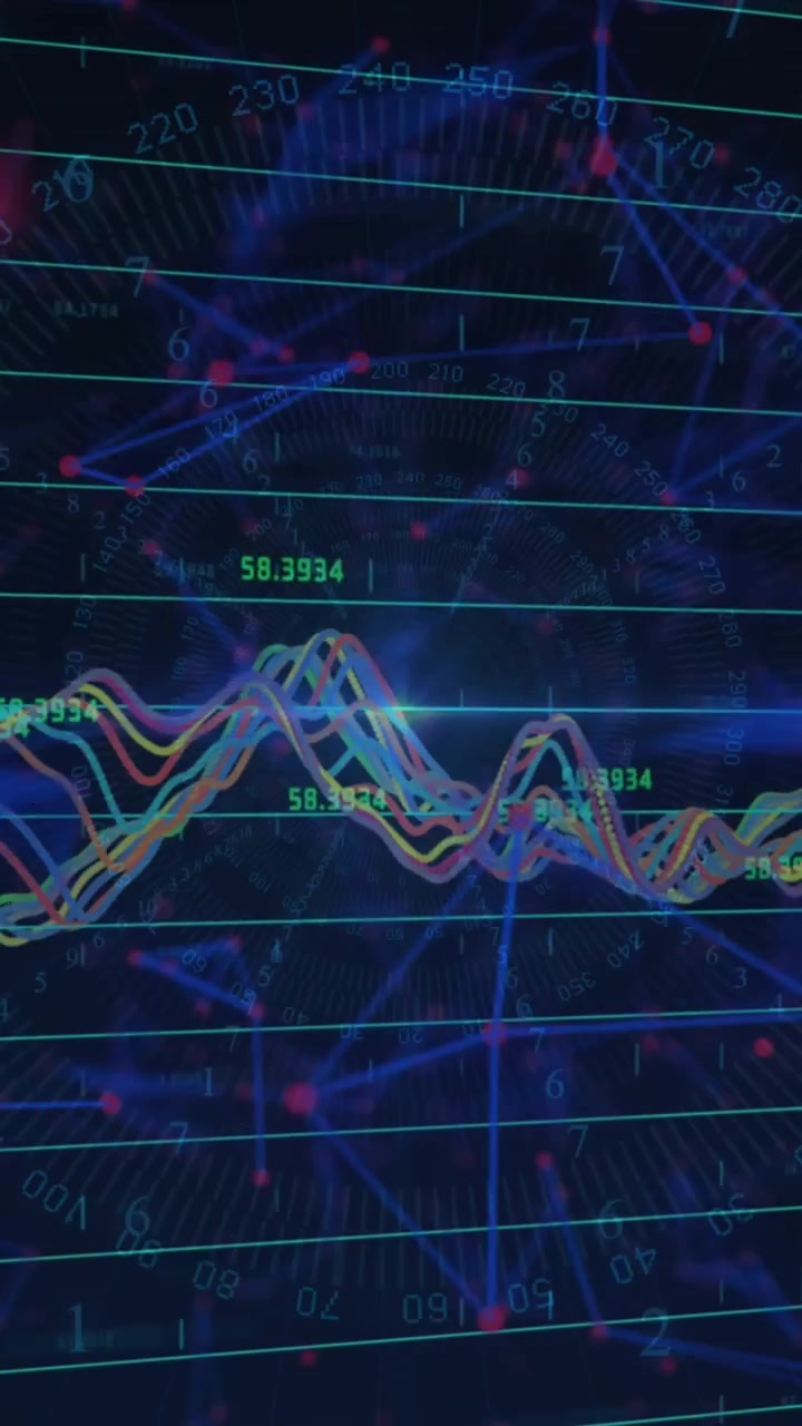 Animation of multicolored graphs over floating blue geometric shapes against black background