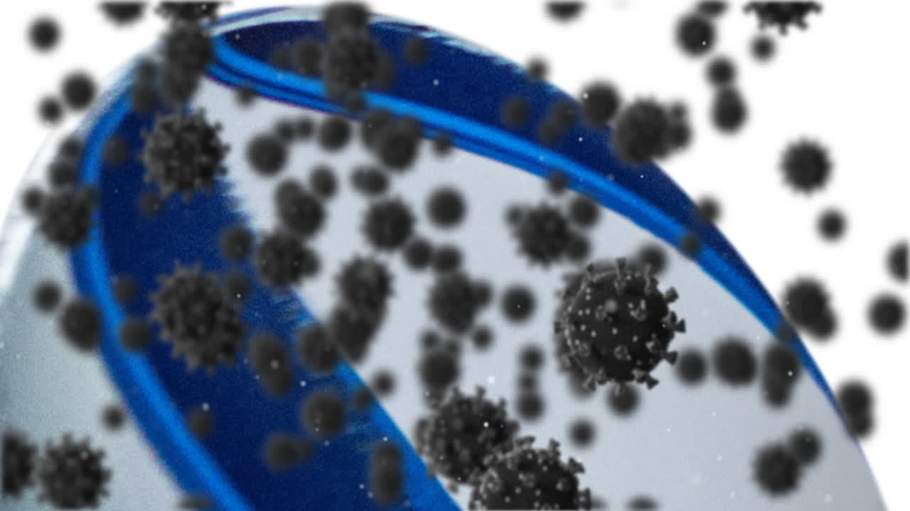 múltiples células de covid-19 flotando sobre una pelota de rugby contra un fondo blanco