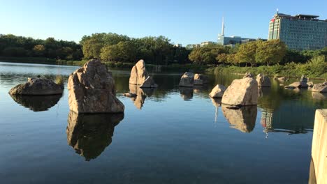 Rocks-in-the-Hosu-park-at-sunset,-Janghang-dong,-Ilsan-gu,-Goyang-si,-Gyeonggi-do,-South-Korea-1