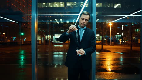 businessman conducting an experiment in a modern city at night