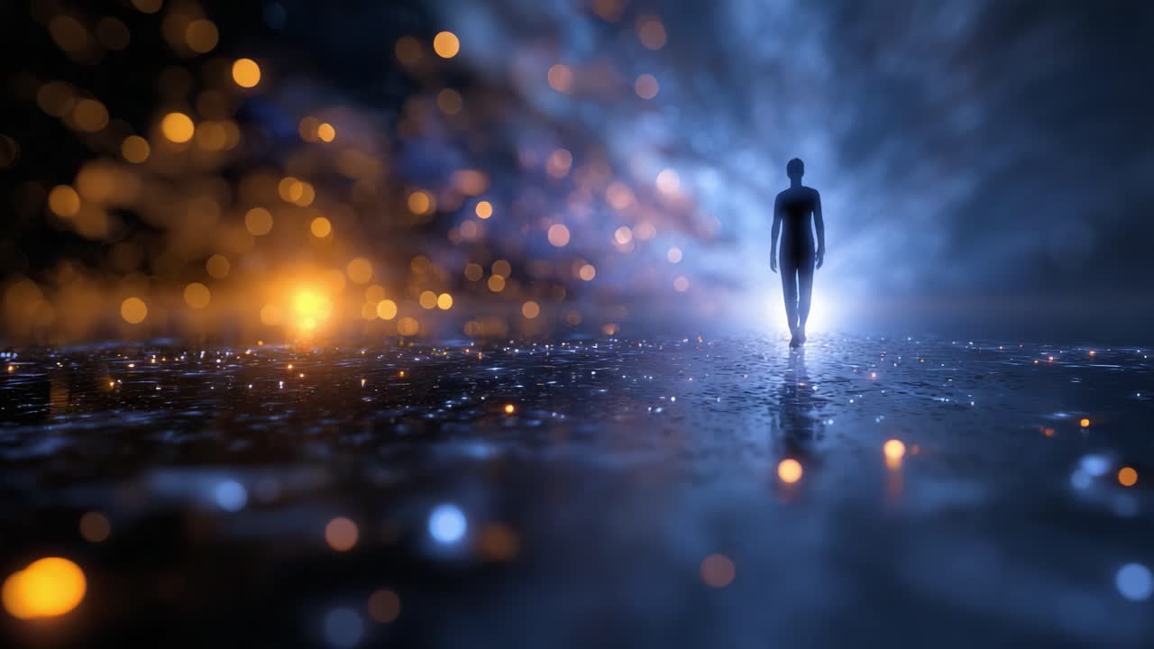 A solitary figure traverses a luminous pathway in a mesmerizing realm of light, shadows, and ethereal colors, symbolizing a journey toward enlightenment and self-discovery