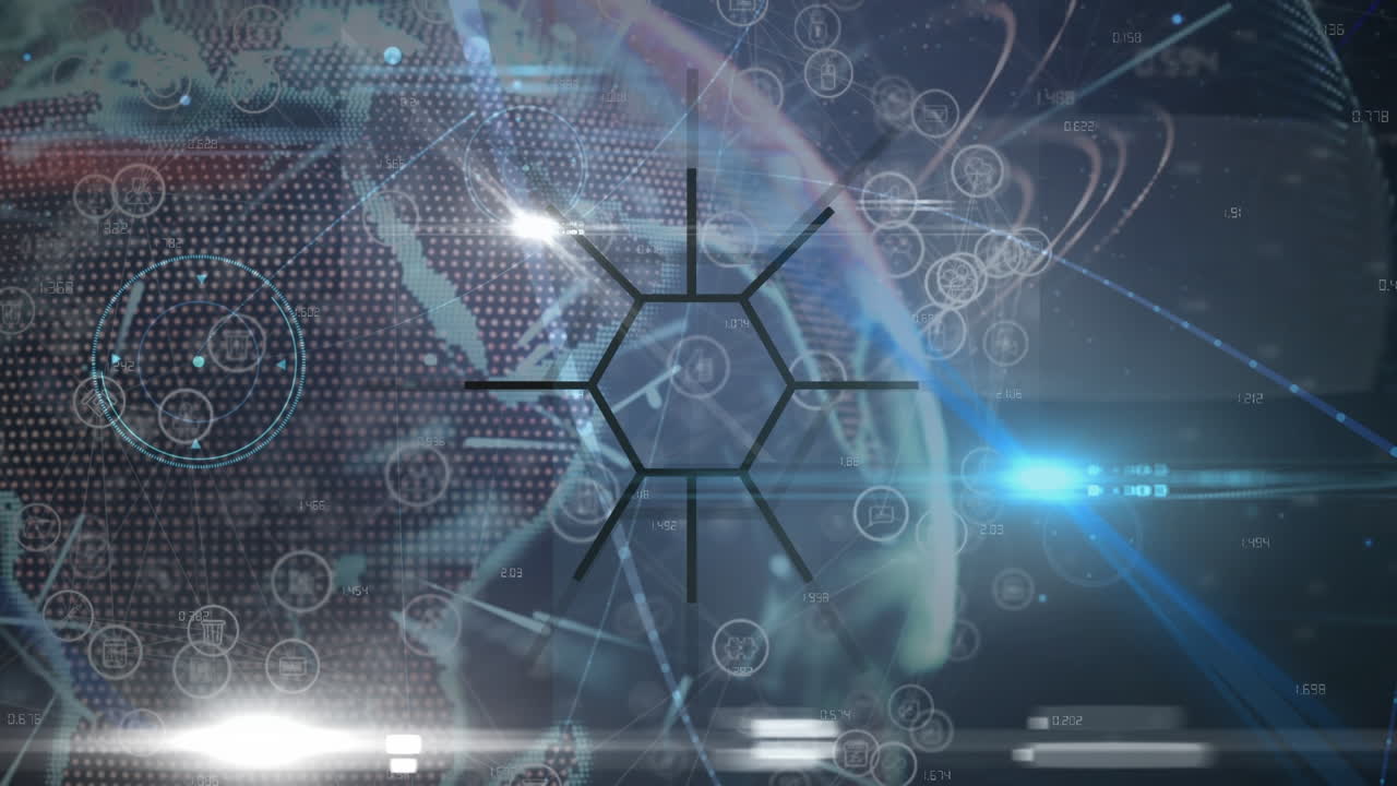 анимация сети соединений с иконами по всему миру