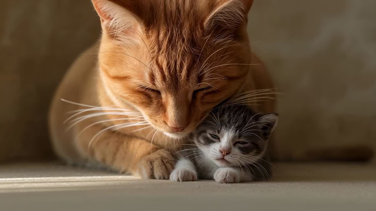 Gattino in movimento, gatto soriano arancione che spinge e struscia il muso su un gattino grigio e bianco sul divano, confortandolo