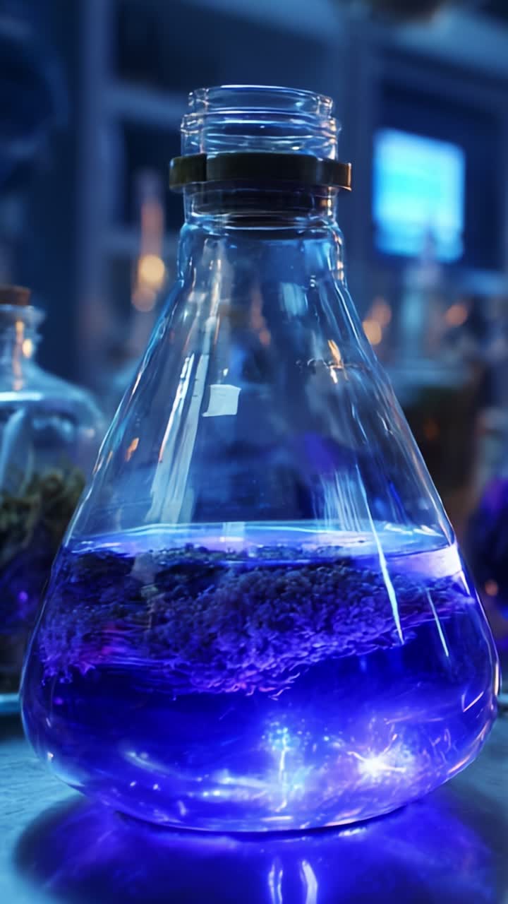 Primo piano di una misteriosa beuta da laboratorio piena di liquido viola incandescente e piante, che cattura l'essenza dell'esplorazione e della scoperta scientifica