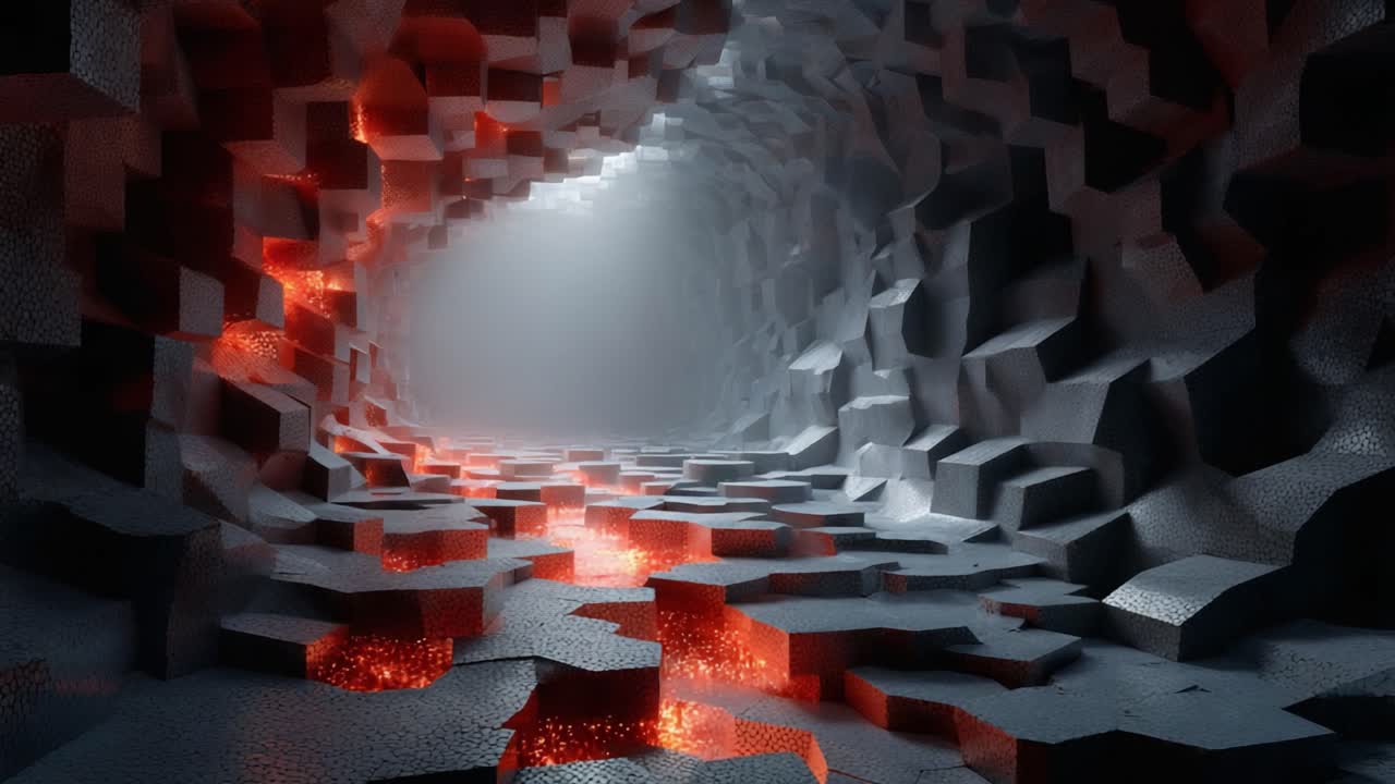 A Surreal Journey Through an Otherworldly Cave: Explore the Intriguing Path of Hexagonal Rocks and Fiery Lava Illuminating the Enigmatic Cavern Interior
