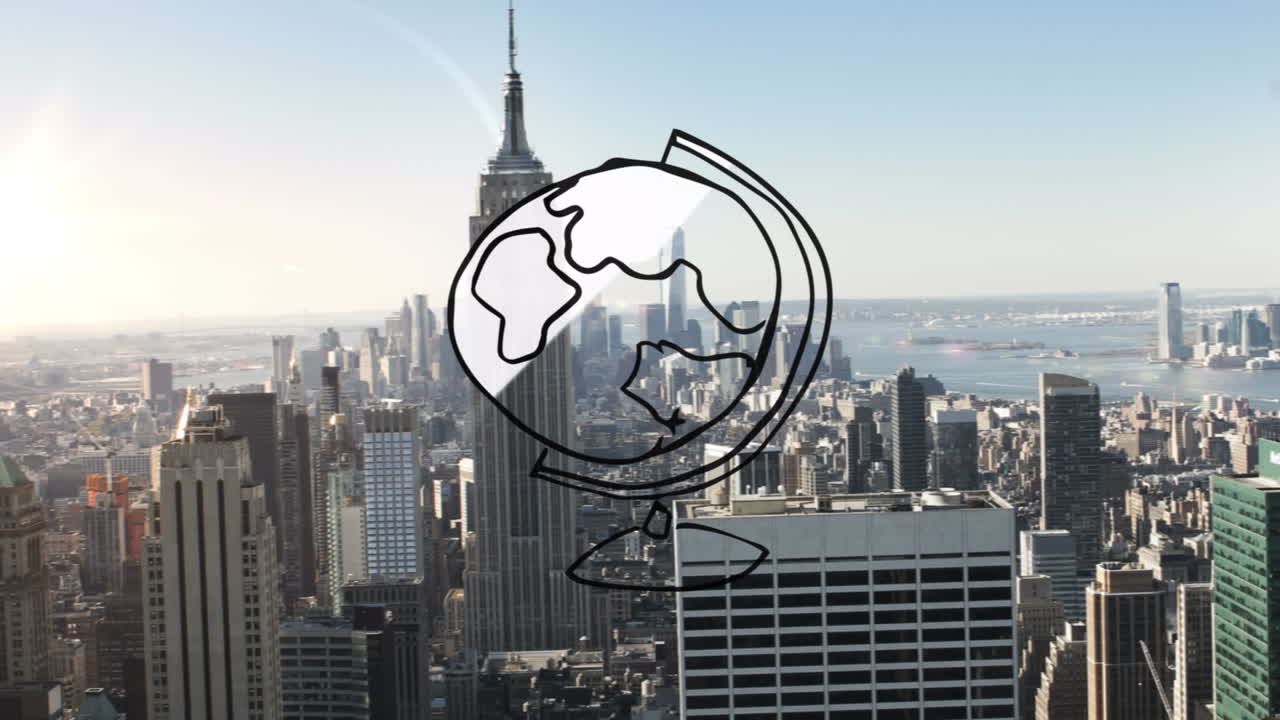 현대 도시 풍경 위의 지구의 애니메이션