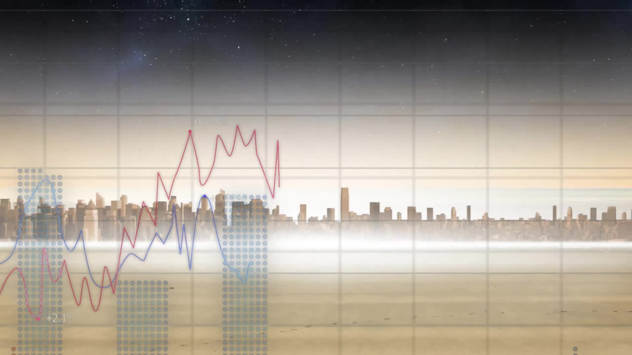 도시 풍경 위의 금융 데이터 처리 애니메이션