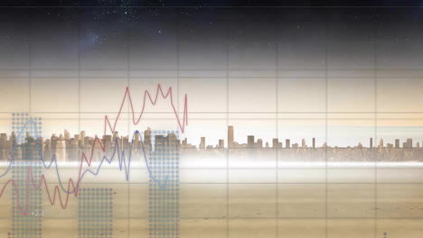 animation of financial data processing over cityscape