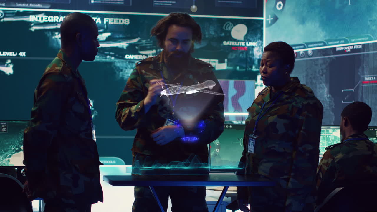 operadores militares que utilizan tecnología de realidad aumentada para planear ataques aéreos