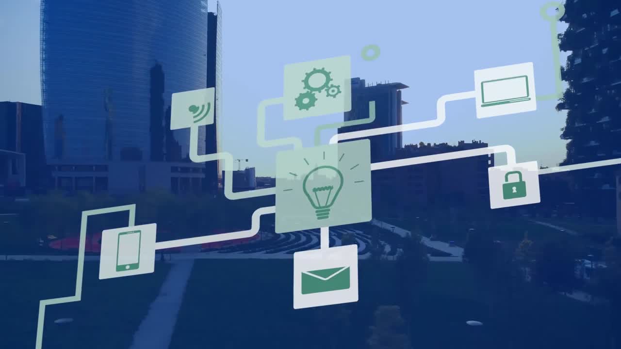 Animation of media icons over cityscape