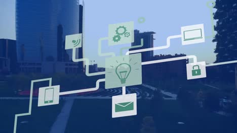 animación de iconos de medios sobre el paisaje urbano