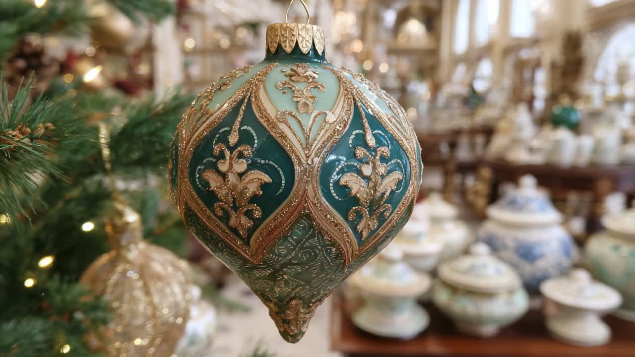 Beautifully Ornate Christmas Ornament Hanging in a Festive Setting with Decorative Tableware in a Warm Holiday Atmosphere