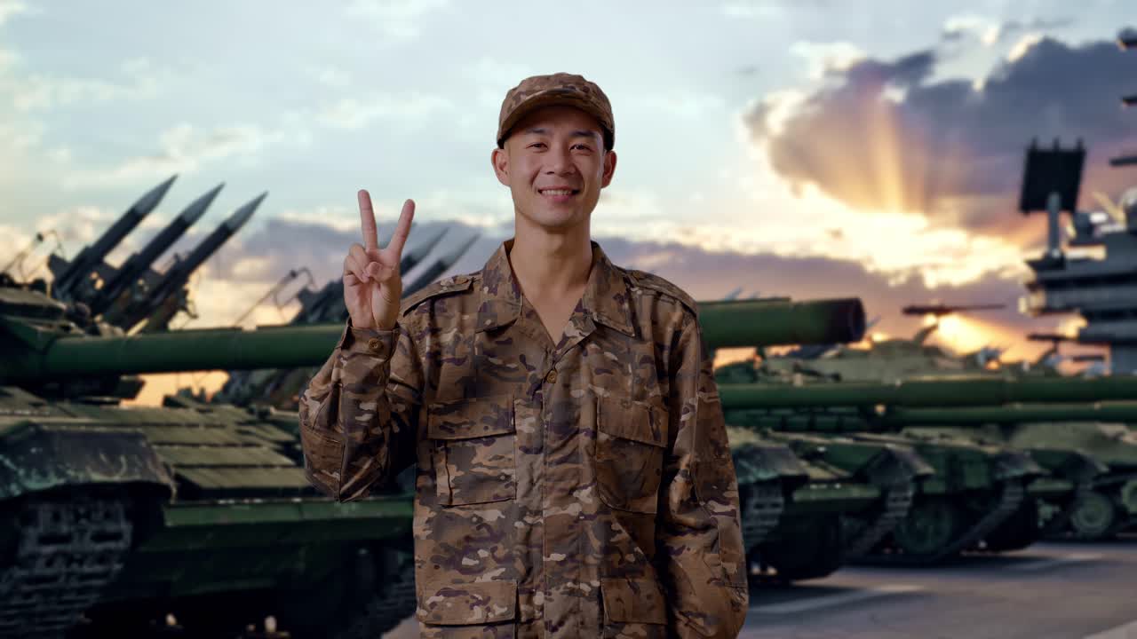 Soldato asiatico sorridente che mostra il gesto di pace alla telecamera mentre è in piedi accanto a un carro armato