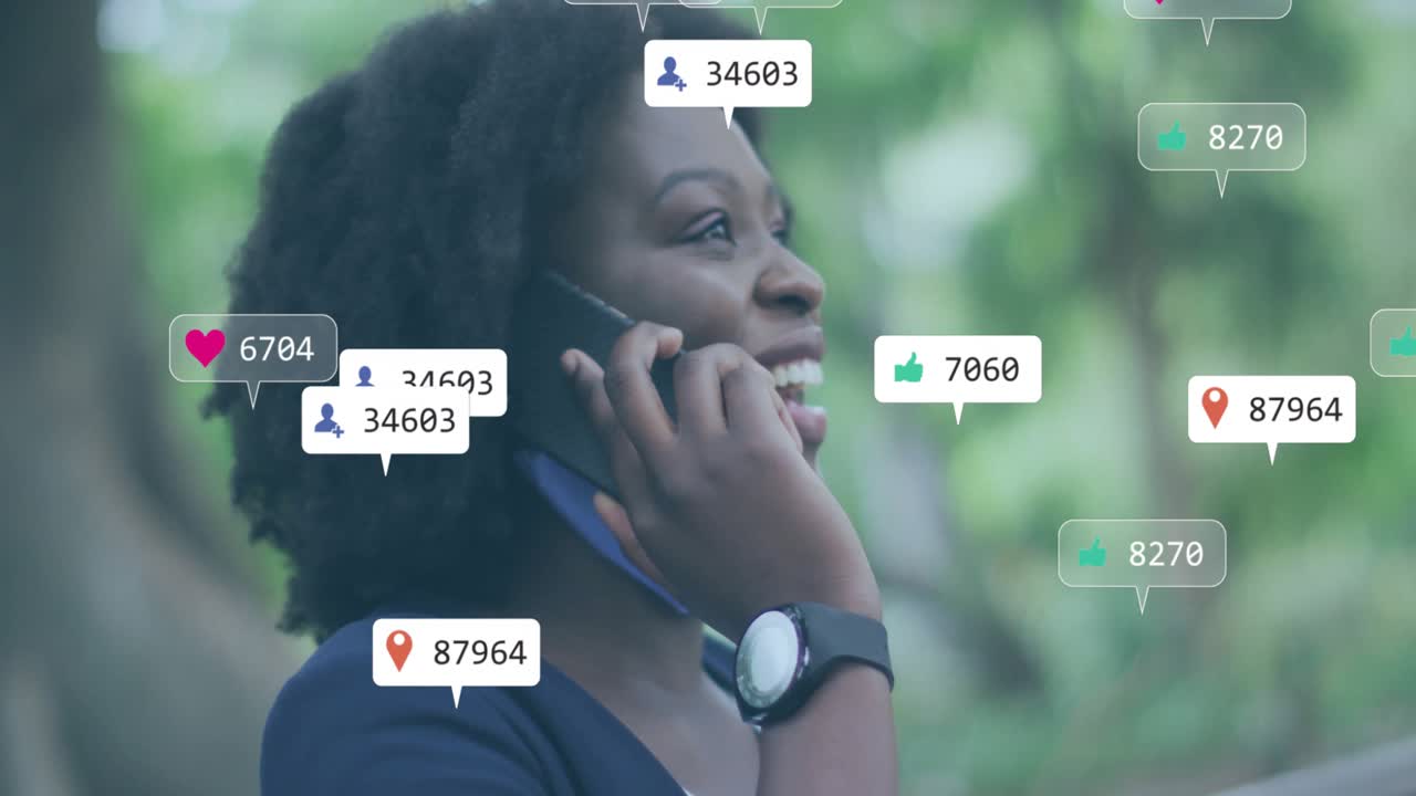Woman influencer holding purple smartphone and tracking rising social notification bubbles in park