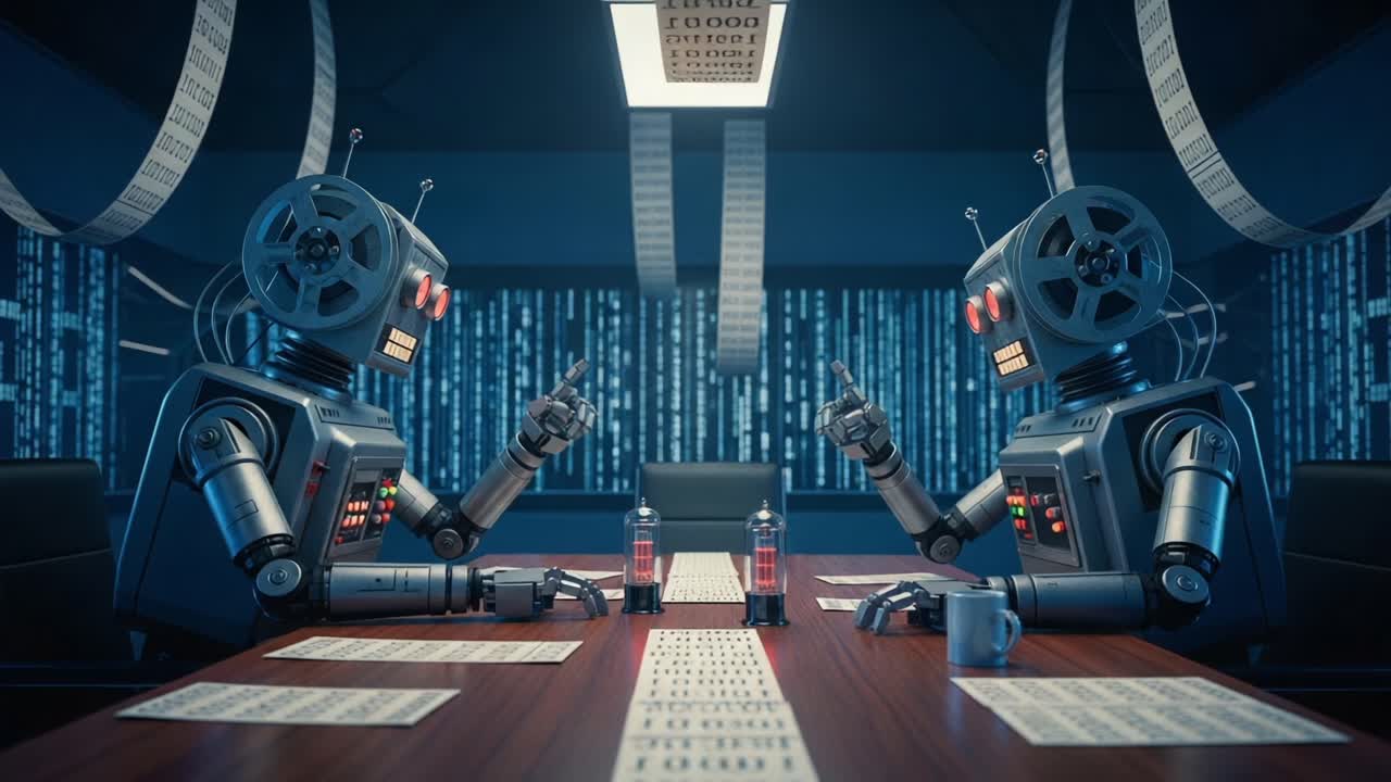 Intriguing Encounter: Two Robots Engaged in Dynamic Dialogue at a Futuristic Conference Table Surrounded by Digital Data and Robotics Technology