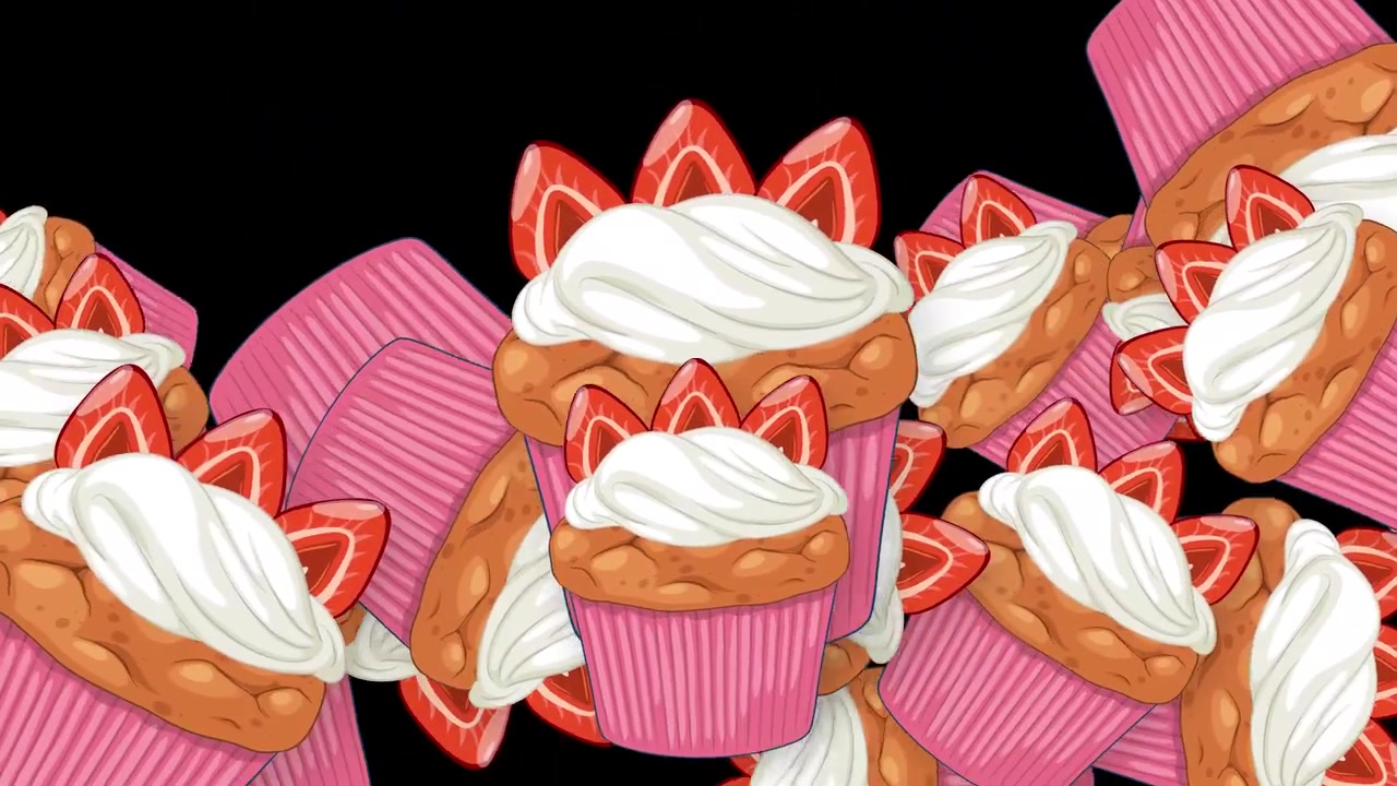 Cupcakes de morango cartunizados com cobertura branca explodem e flutuam sobre um fundo preto