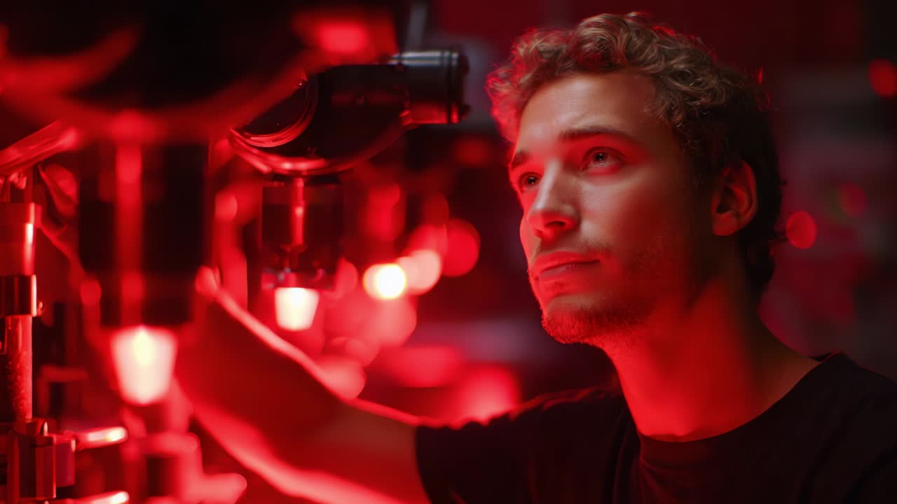 A focused individual interacts with illuminated equipment in a dimly lit environment, characterized by vibrant red hues, showcasing determination and curiosity in an abstract, technological realm