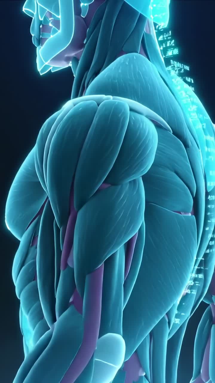 Video verticale: Telecamera rotante che rivela un modello muscolare femminile 3D in clinica, mostrando dati sulla colonna vertebrale.