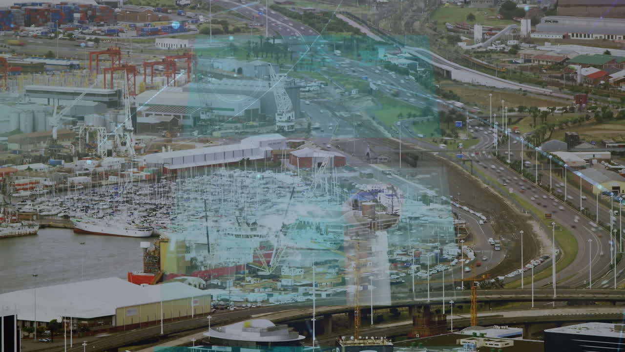 animación de la red de conexiones y procesamiento de datos sobre el paisaje urbano