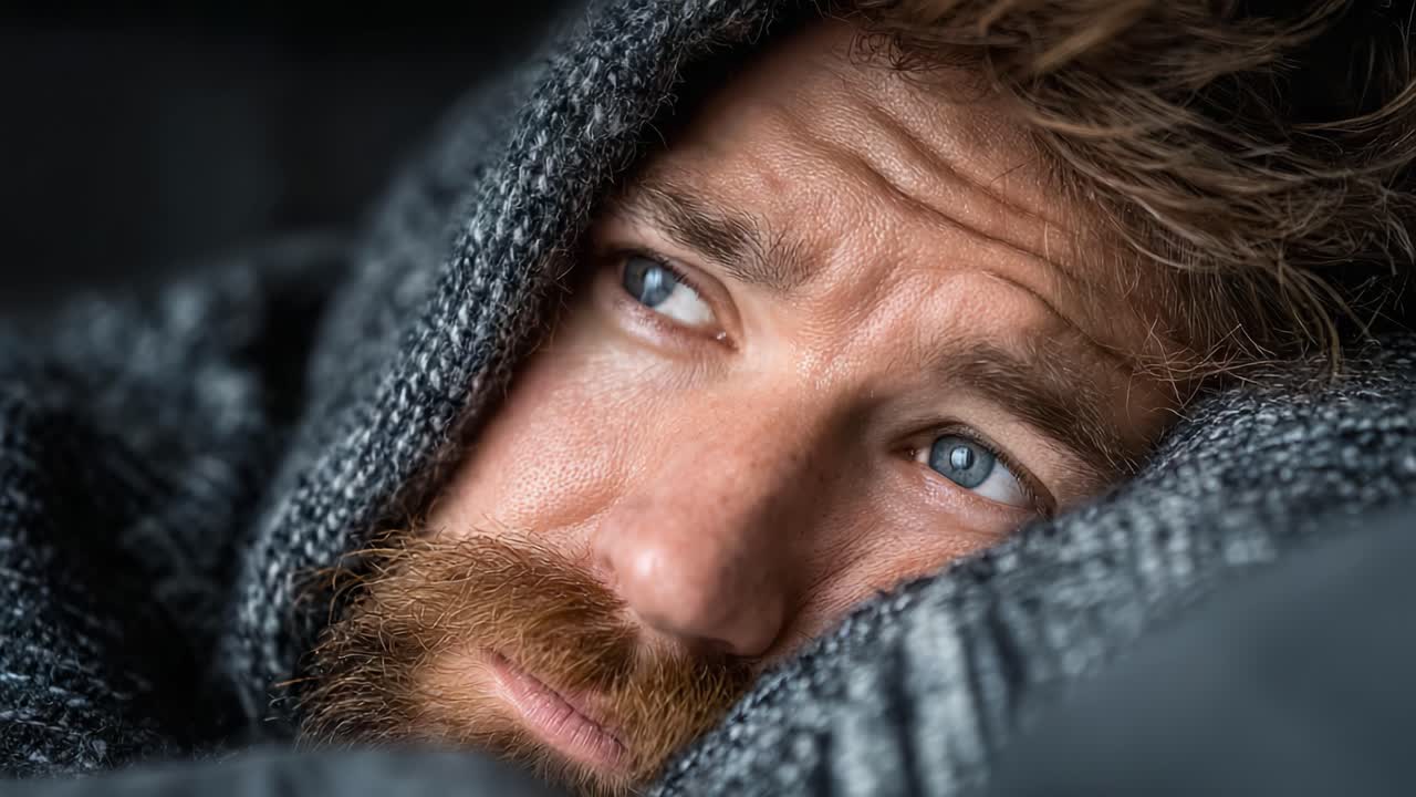 Nærbillede af en eftertænksom mand, pakket ind i et hyggeligt tæppe, der reflekterer dybe tanker og følelser i rolige indendørs omgivelser