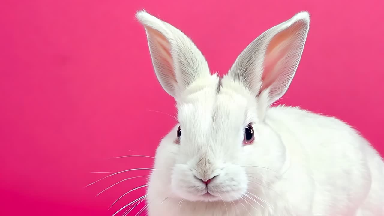 핑크색 표면에 앉아 있는  토끼